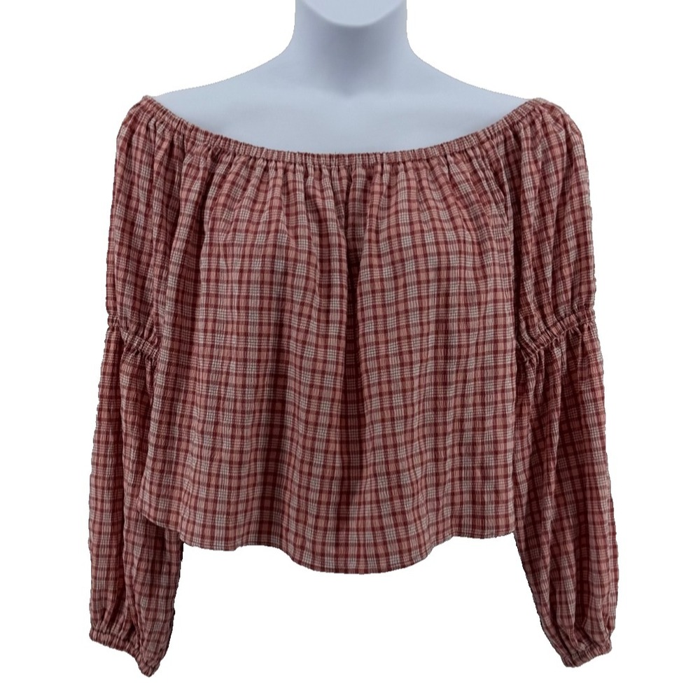 Topshop Off‎ Shoulder Plaid Blouse Women US 12 Peasant Pink Cottagecore